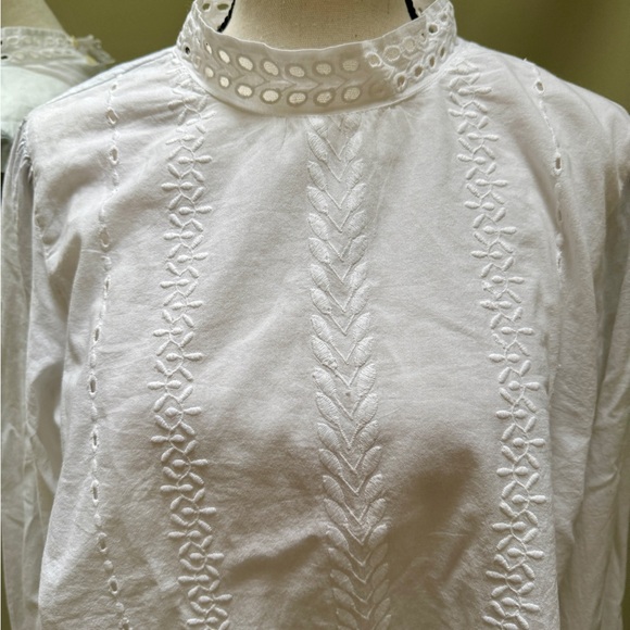 LOFT Elegant White Lace Trim high neck Blouse, ruffled hem sleeves, Medium - Picture 2 of 6